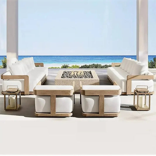 Modern Outdoor Furniture Set | Teak Wood & Rattan Garden Sofa with Ottoman
