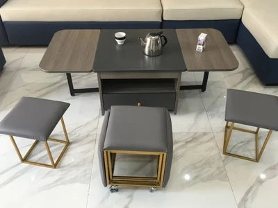 Foldable Tea Table with Storage | Multi-functional Coffee Table & Stool Set
