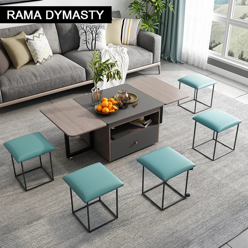 Foldable Tea Table with Storage | Multi-functional Coffee Table & Stool Set