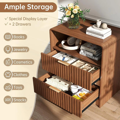 Fluted Nightstand Set of 2 | Bedside Table with Charging Station & 2 Drawers