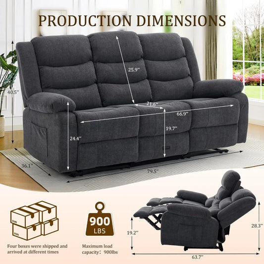 3-Seater Recliner Sofa with Console, Cup Holders & Charging Station