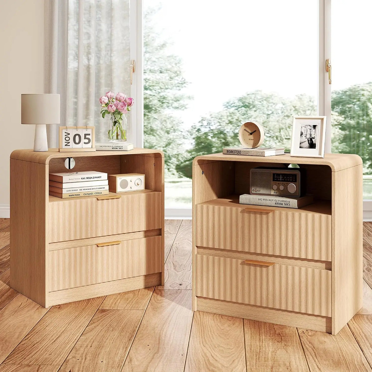 Fluted Nightstand Set of 2 | Bedside Table with Charging Station & 2 Drawers