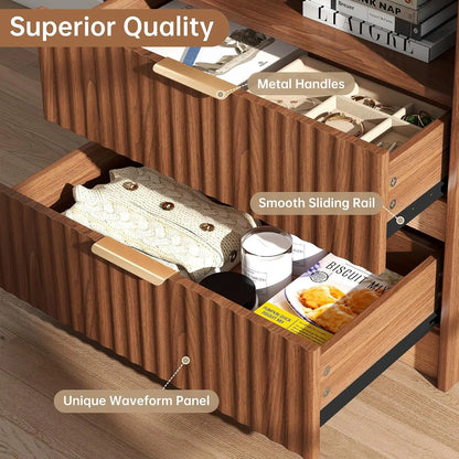 Fluted Nightstand Set of 2 | Bedside Table with Charging Station & 2 Drawers