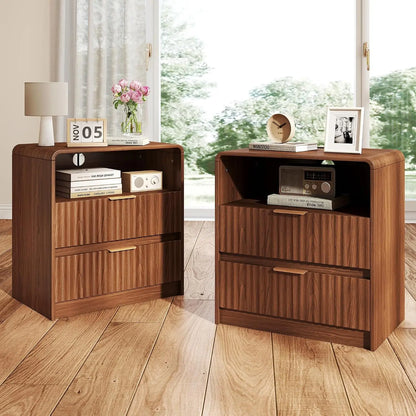 Fluted Nightstand Set of 2 | Bedside Table with Charging Station & 2 Drawers