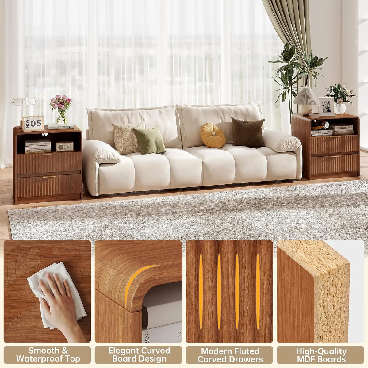Fluted Nightstand Set of 2 | Bedside Table with Charging Station & 2 Drawers