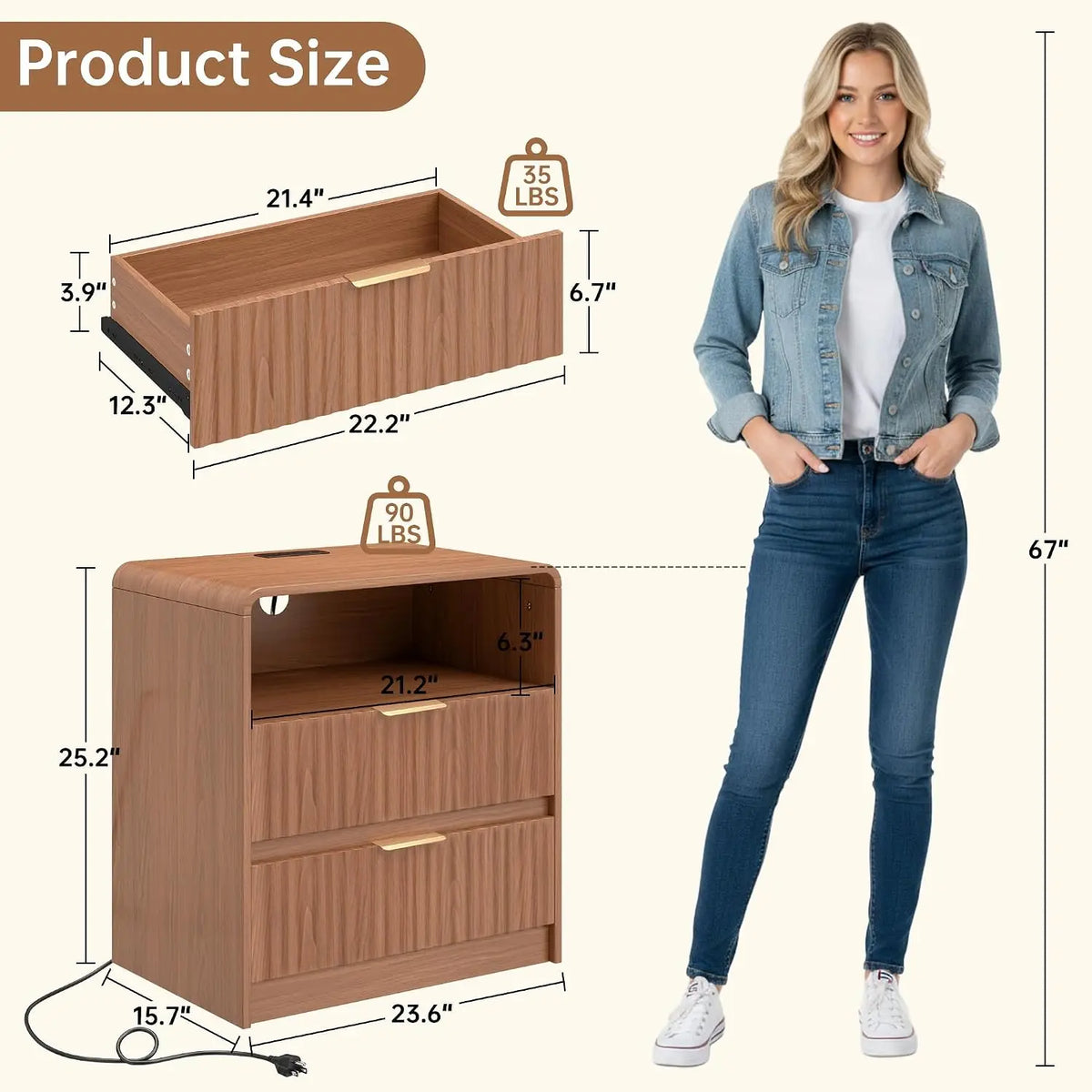 Fluted Nightstand Set of 2 | Bedside Table with Charging Station & 2 Drawers