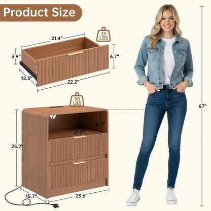 Fluted Nightstand Set of 2 | Bedside Table with Charging Station & 2 Drawers